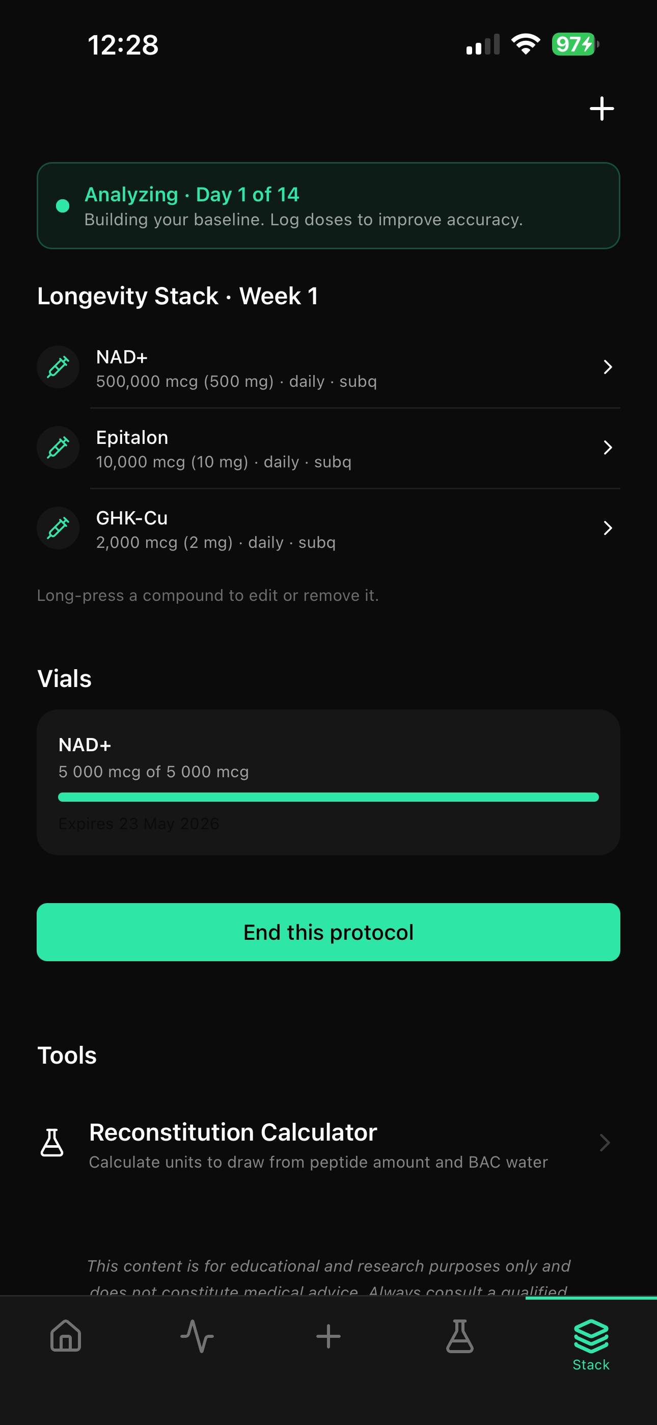 SCREENSHOT_03 — Longevity stack and protocol tracking